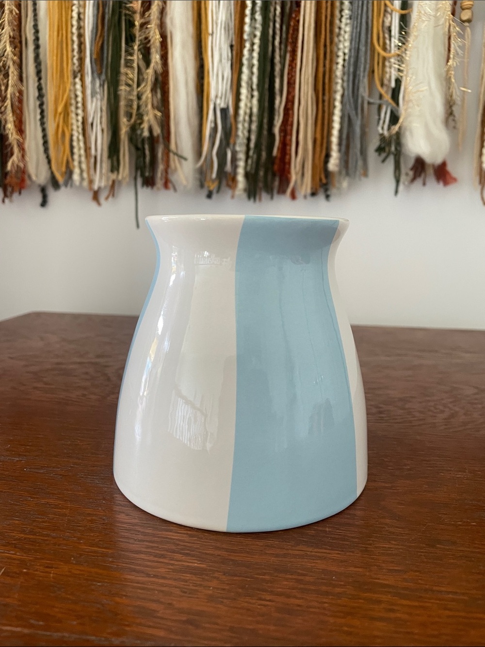 White and Light Blue Striped Ceramic Vase